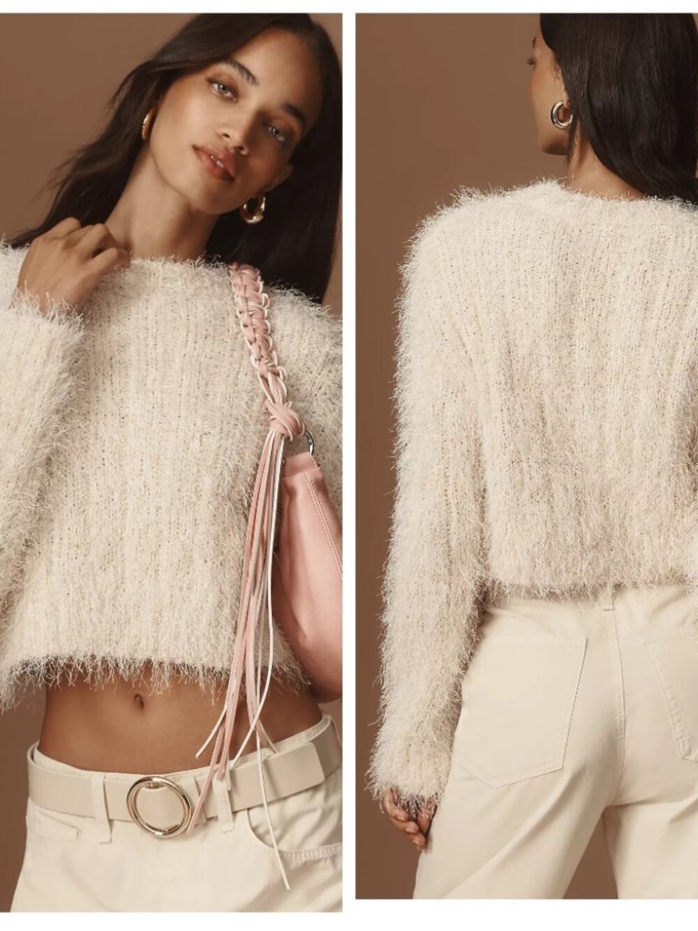 NWOT Endless Rose Fuzzy Knit Cropped Long Sleeve Sweater Cream Beige